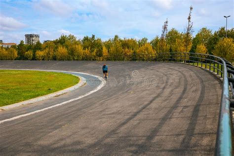 Male Cyclist in Velodrome. Cyclist Training in the Velodrome in the Park Stock Photo - Image of ...