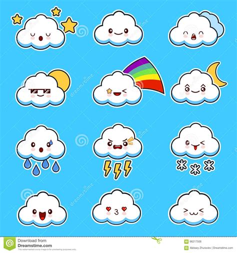 Emoji Clouds Vector. Cute Smily Clouds With Faces Vector Set. Cartoon ...