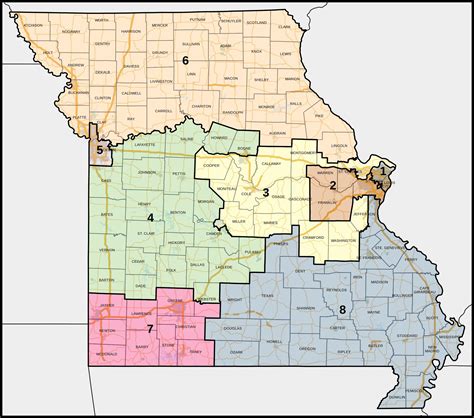 Map of the U.S. congressional districts of Missouri, 2023-3033. Notice how Districts 2, 3, and 8 ...