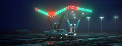 Neon gas station and retro car. Vintage cyberpunk auto. on Behance