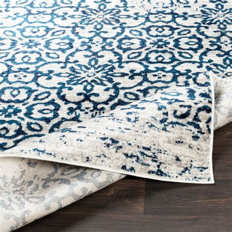 Distressed Damask Navy Blue White Area Rug – Modern Rugs and Decor