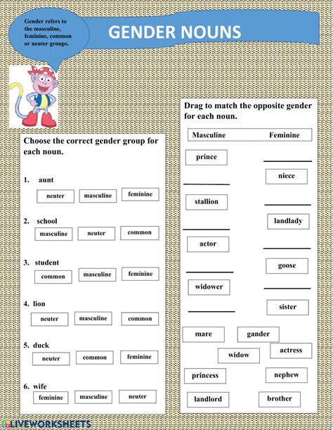 Identifying nouns gender online worksheet for Grade 3. You can do the ...