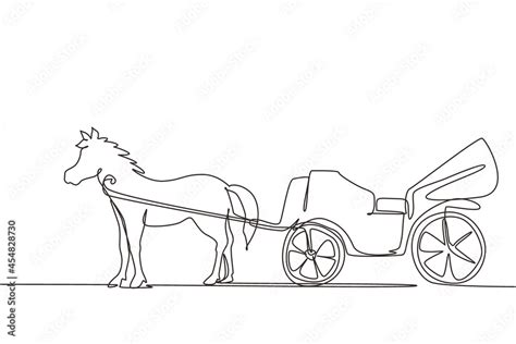 Single continuous line drawing vintage transportation, horse pulling ...