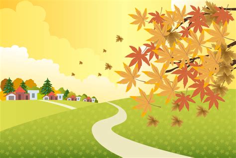 Autumn scenery illustration with falling leaves on hill Vectors images ...