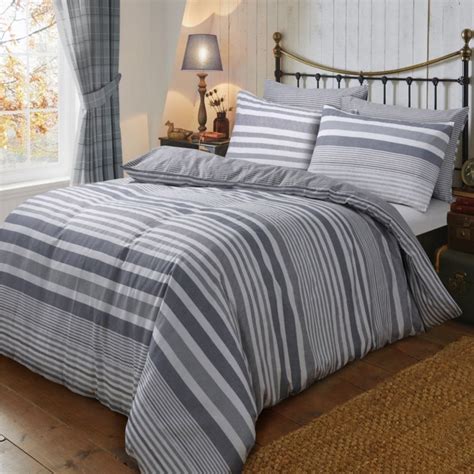 Flannel Stripe Grey Duvet Cover Reversible Bedding Brushed Cotton Super King Size 264703