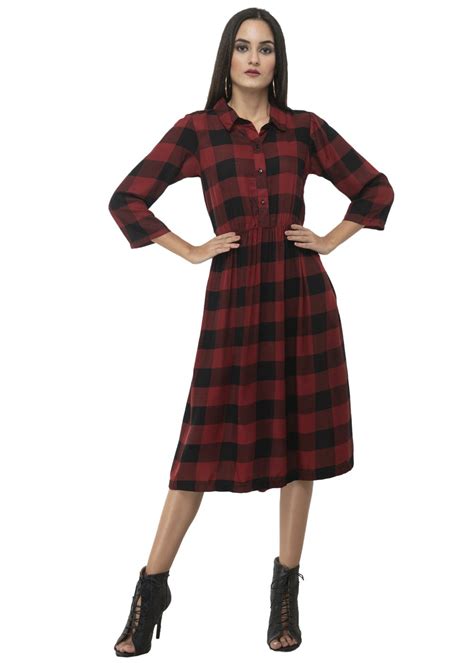 Get Red & Black Checkered Collared A-Line Pleated Dress at ₹ 899 | LBB Shop