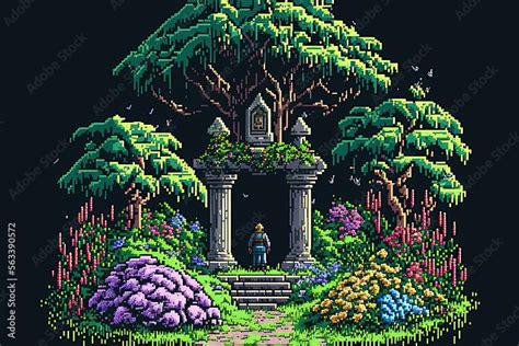 Pixel art fantasy garden in magic forest, mystical garden, background in retro style for 8 bit ...