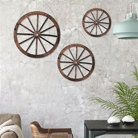 OROMYO 3 pcs Wooden Wagon Wheel Wall Decor with Triangular Hook Rustic ...