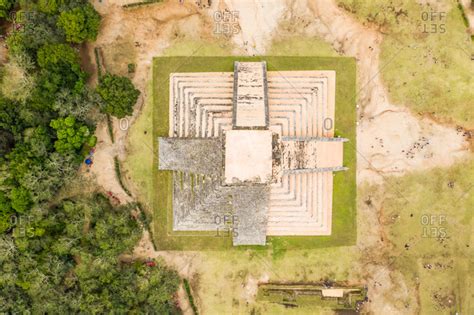 Aerial top down view of Chichen Itza pyramids, Mexico. stock photo - OFFSET