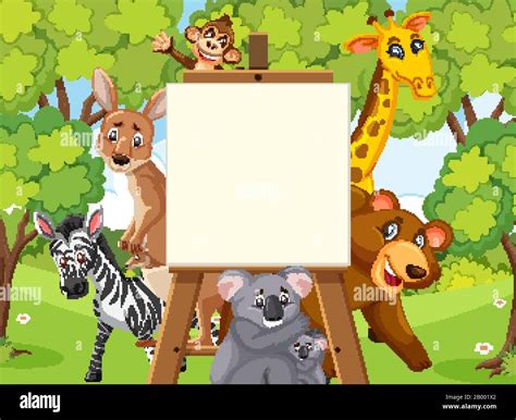 Sign template with wild animals in the forest background illustration Stock Vector Image & Art ...