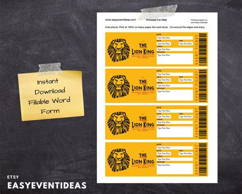 Printable Lion King Ticket Editable Lion King Tickets | Etsy