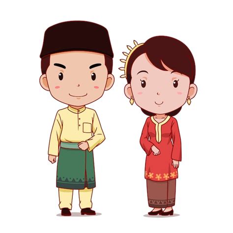 Premium Vector | Couple of cartoon characters in Malaysian traditional costume.