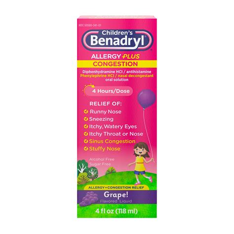 Children's Benadryl Allergy Plus Congestion Liquid, Grape, 4 fl. oz ...