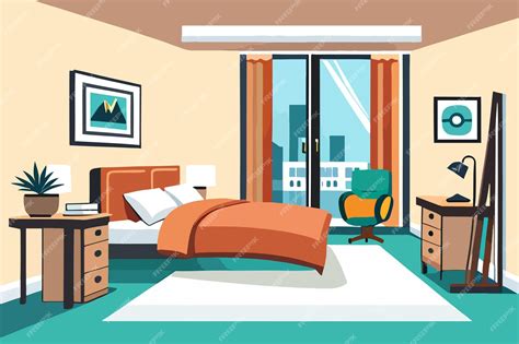 Premium Vector | A cartoon illustration of a bedroom with a bed and a desk.