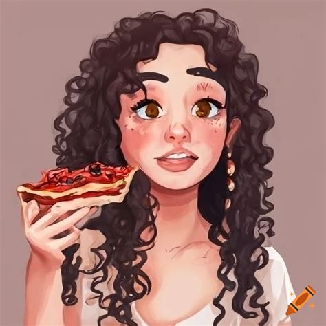 Draw a girl with long dark curly hair eating lasagna with a smile on ...
