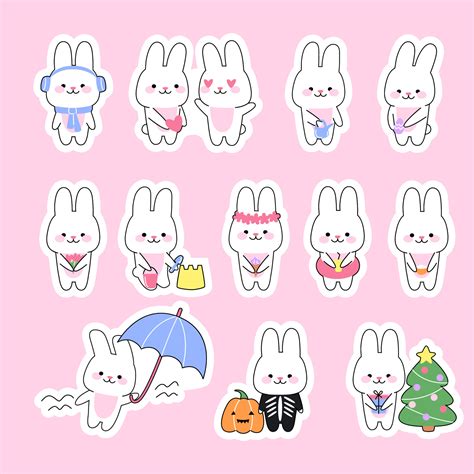 Set of 12 stickers cute kawaii rabbits. Funny bunny character in varios ...