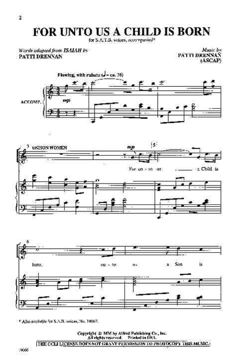 For Unto Us A Child Is Born Sheet Music by Patti Drennan (SKU: 19066) - Stanton's Sheet Music