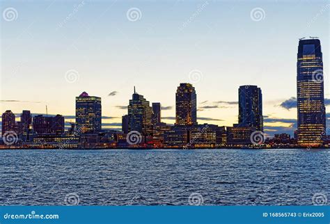 Jersey City Skyline with Skyscrapers at Night Reflex Stock Image ...