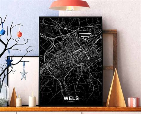 WELS Austria Map Poster Black White Hometown City Print Modern | Etsy