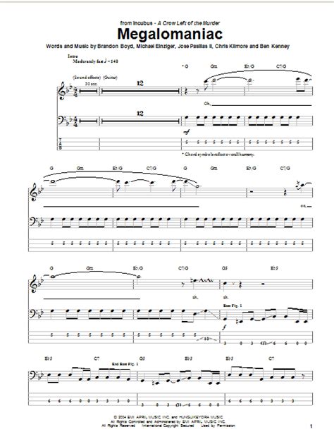 Megalomaniac Sheet Music | Incubus | Bass Guitar Tab