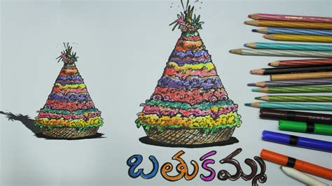 How to Draw Bathukamma -Telangana Bathukamma color Drawing - Sketch ...