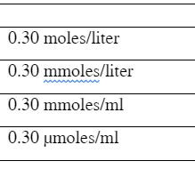 [Solved] I need to express the following in Molar, Millimolar and Micromolar... | Course Hero