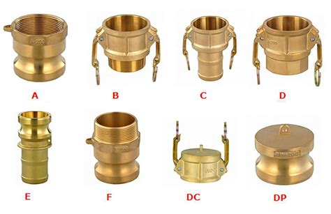 Eight different types of brass camlock couplings on the white background.