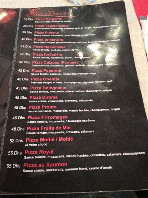 Menu at Pronto Pizza restaurant, Casablanca, 41 Rue Daoud Dahiri