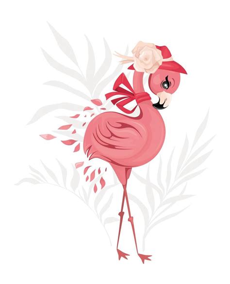 Cute flamingo girl with hat and bow. Tropical leaves on silhouette background. Baby illustration ...