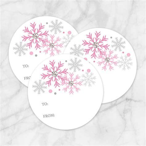 Printable Snowflake Gift Tag Stickers, Pink With Gray, Round to and ...