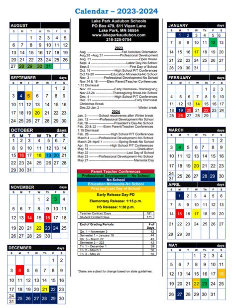 Lake Park Audubon Schools Calendar 2024-2025