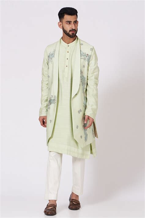 Buy Green Slub Silk Embroidered Jacket And Pant Set For Men by Jatin Malik Online at Aza Fashions.