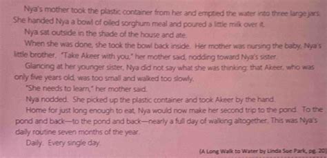 Solved: Nya's mother took the plastic container from her and emptied the water into three large ...