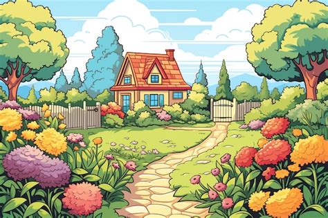 Premium AI Image | Wooden house in village with plants and flowers in backyard garden in cartoon ...