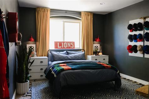 Teen Boy Bedroom- Gray Walls and Hat Wall - Nesting With Grace