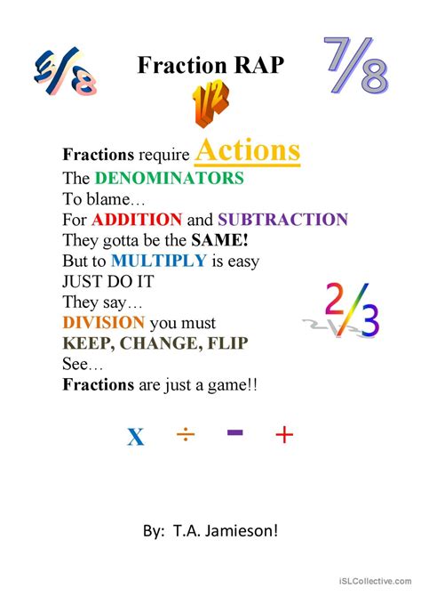 Fraction Rap song and nursery rhyme…: English ESL worksheets pdf & doc