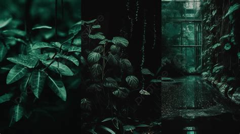 Bunch Of Images Showing Green Leaves In A Dark Rainy Shaddow Background, Dark Green Aesthetic ...