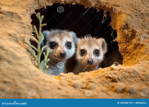 Meerkats Peeking Out from Their Burrow Entrance Stock Image - Image of ...