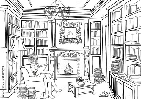 Woman Reading in Library Drawing, Sketch of the room, Line art Interior of Library, Office ...