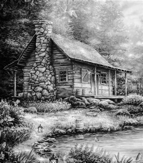 a pencil drawing of a log cabin in the woods by a stream with ducks flying over it