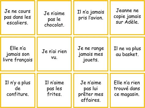 Un jeu pour travailler sur les phrases affirmatives et négatives. But du jeu : retrouver le plus ...