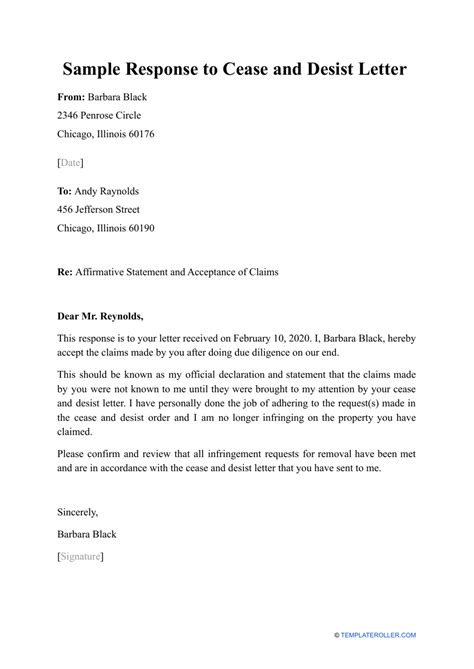 Sample Response to Cease and Desist Letter Download Printable PDF | Templateroller