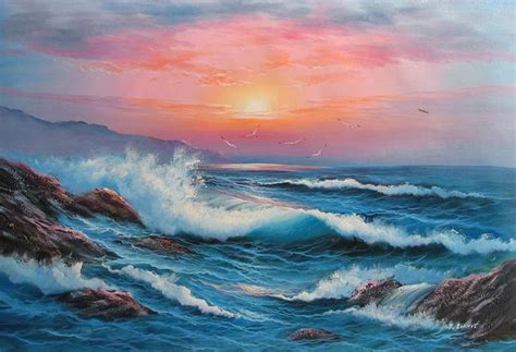 Beautiful sunset view! | Ocean art painting, Ocean landscape painting, Seascape paintings