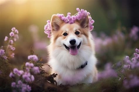 Premium AI Image | beautiful dog with flowers outdoor