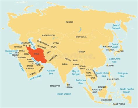 Highlighted Red Map of IRAN Inside Orange Map of Asia with High Details ...