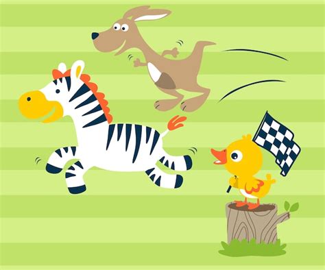 Premium Vector | Running race animals cartoon on striped background