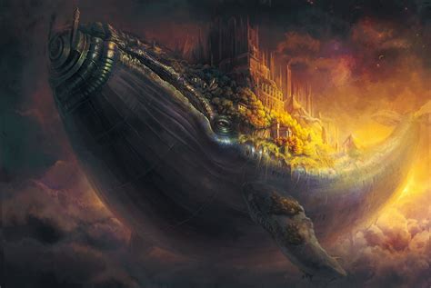 whale fish city flying in the sky art castle steampunk fantasy | Sky ...