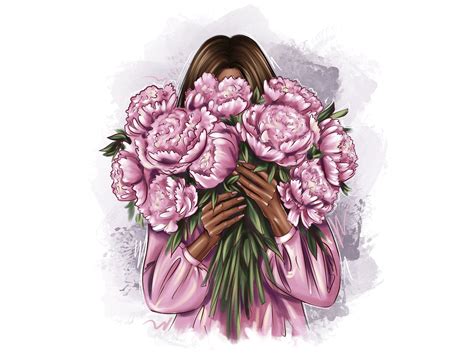 A girl with peonies in her hands by Elenbushe on @creativemarket | Girls with flowers, Girly art ...