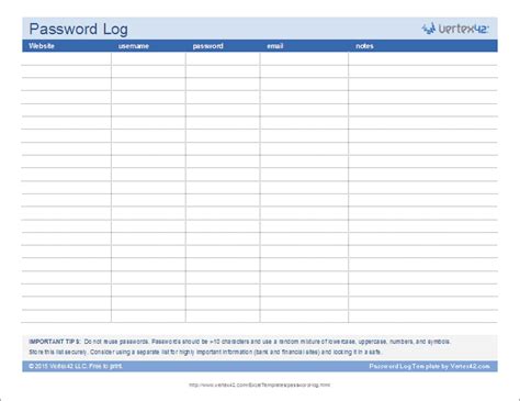 Password Log Template