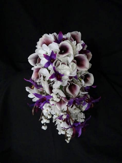 Cascading Picasso Calla Lily Hydrangea Bouquet, Dendrobium Orchid, White, Purple, Teardrop ...